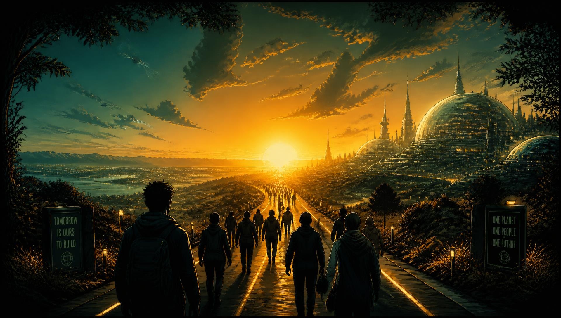 A crowd of people walking toward a rising sun on Earth